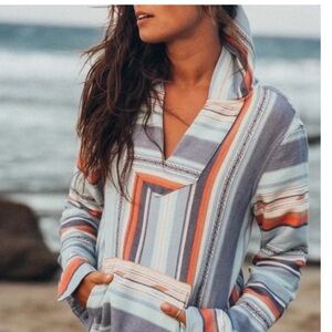 Faherty Baja Poncho Long Sleeve Organic Cotton Hood Blue Stripe Sierra Paradise